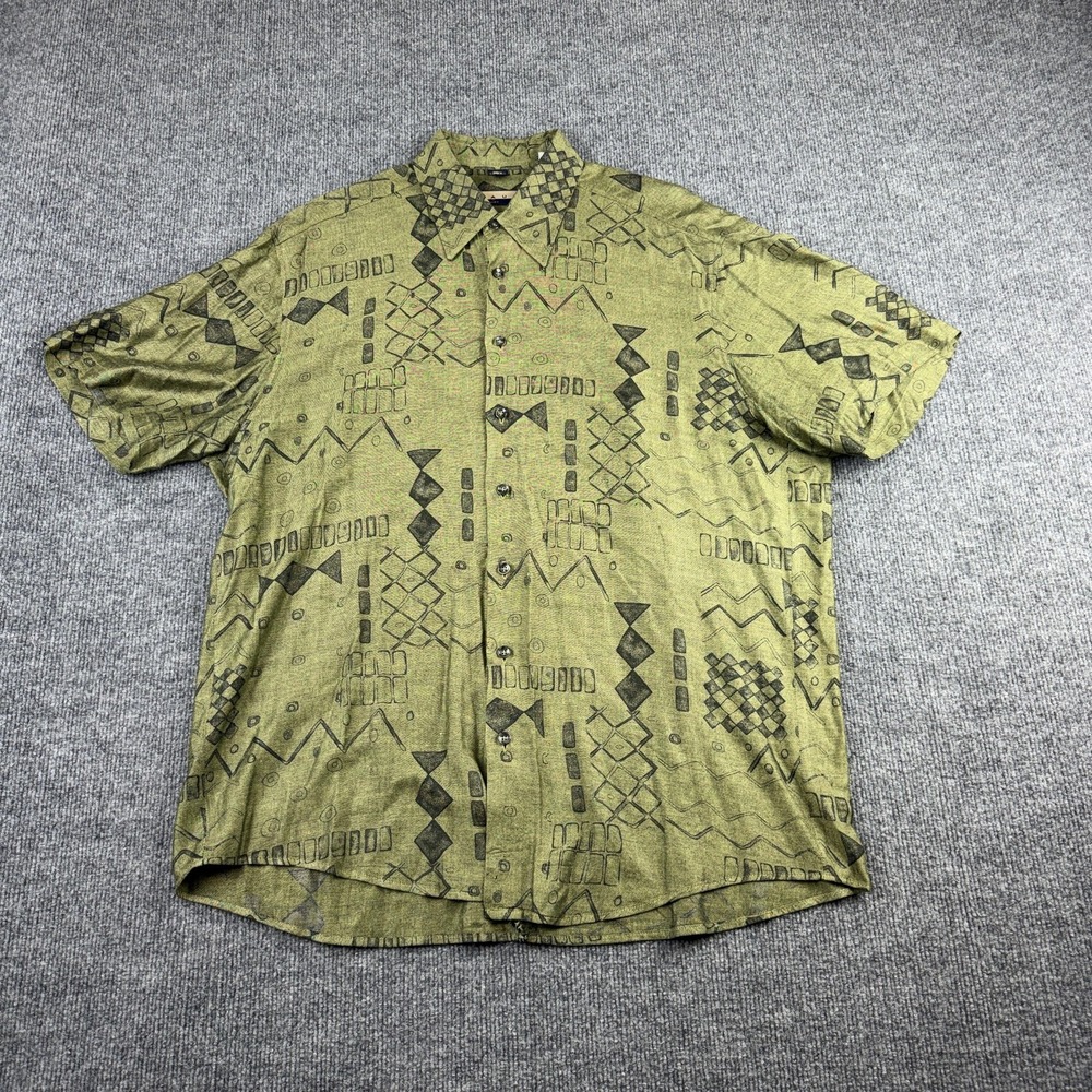 Haupt Shirt Mens Large Green Geometric Viscose Linen Short Sleeve Button Up